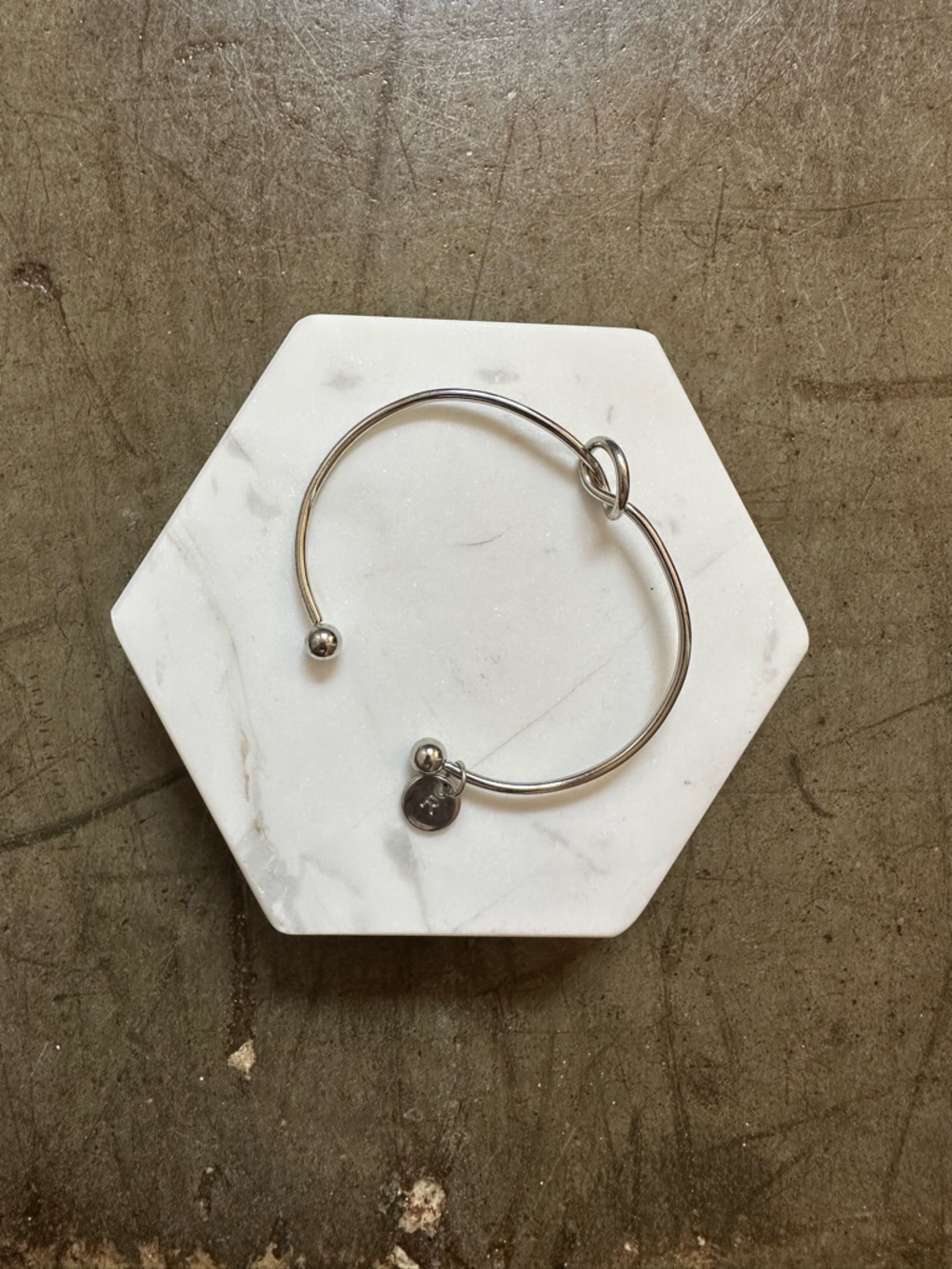 Minimalist Silver Open Bangle Bracelet with R Charm